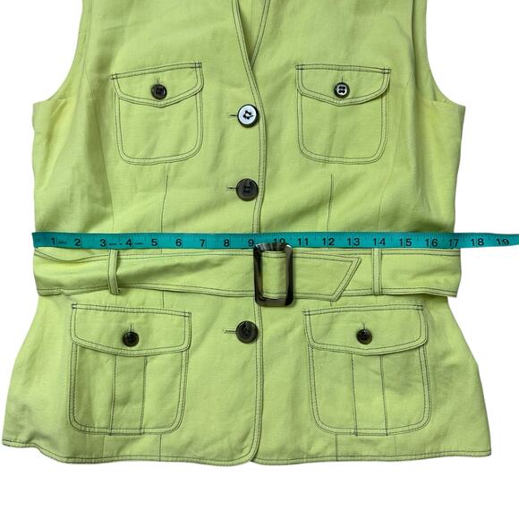 Tahari Arthur S Levine Linen Blend Lime Green Belted Pocket Vest Size 8 - Picture 10 of 13